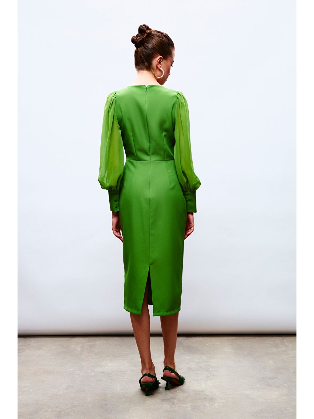Şifon Kol Krep Elbise - Yeşil-3