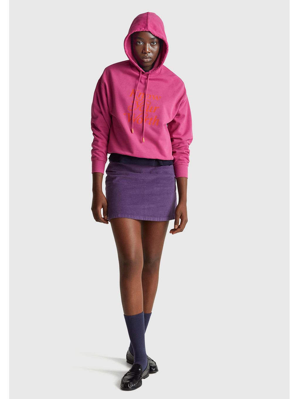 Kadın Koyu Pembe Pamuk Karışımlı Önü Yazı Baskılı Kapüşonlu Sweatshirt-4