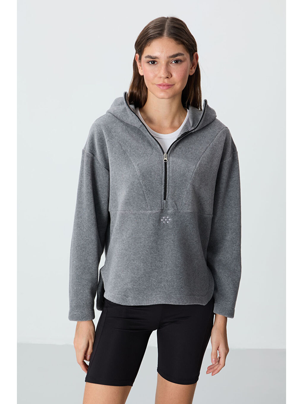 Gri Melanj Kalın Yumuşak Dokulu Kapüşonlu Oversize Nakışlı Polar Kadın Sweatshirt  97286