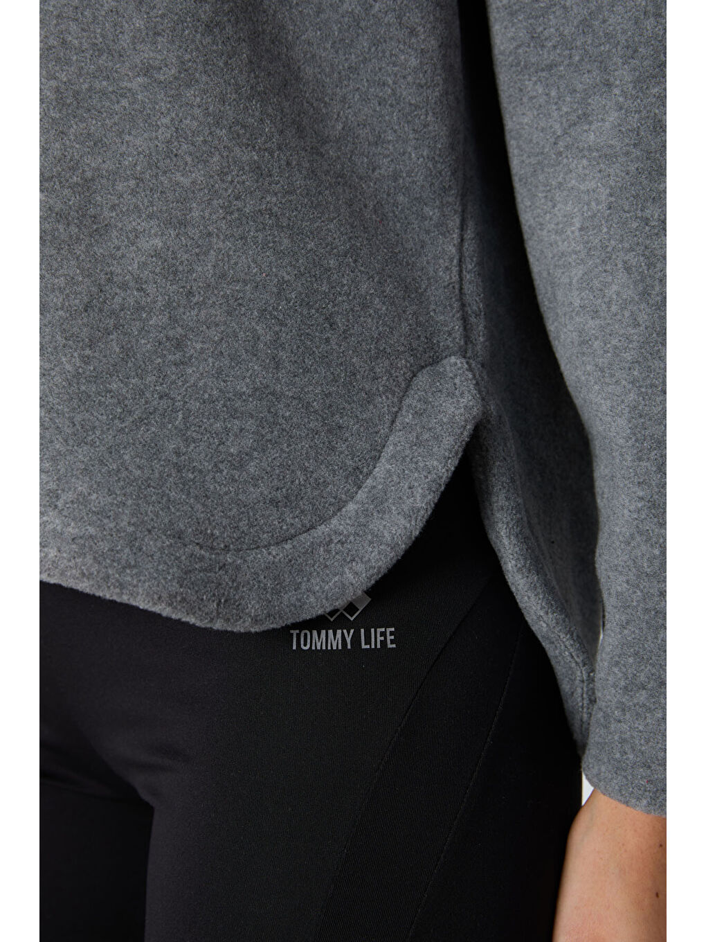 Gri Melanj Kalın Yumuşak Dokulu Kapüşonlu Oversize Nakışlı Polar Kadın Sweatshirt  97286-2