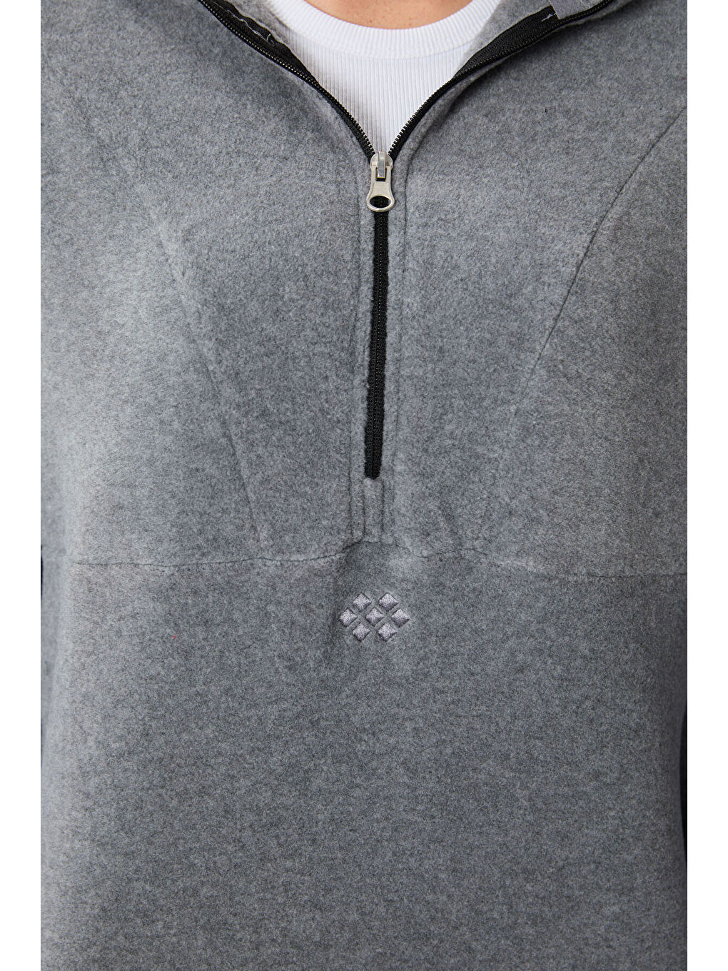 Gri Melanj Kalın Yumuşak Dokulu Kapüşonlu Oversize Nakışlı Polar Kadın Sweatshirt  97286-4