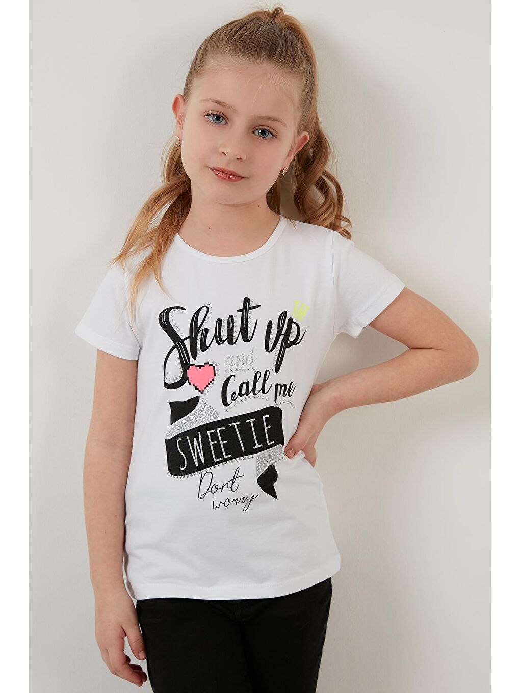 Beyaz Baskılı Bisiklet Yaka Pamuklu T Shirt 5922419-1