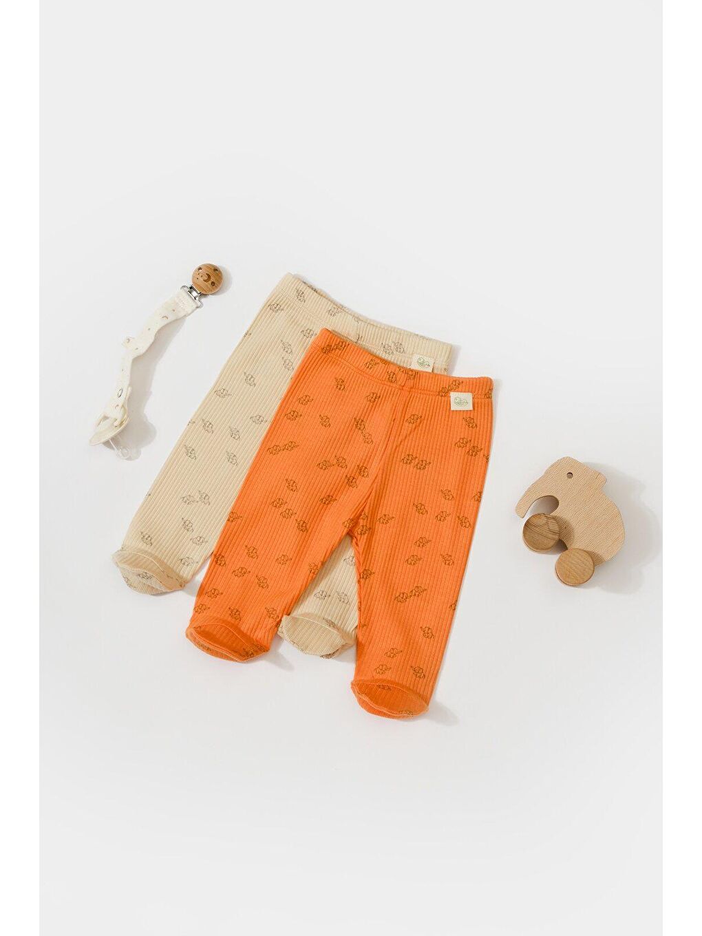 BabyCosy Organic Wear Bej-Turuncu Modal Bebek 2'Li Patikli Tayt Pantolon