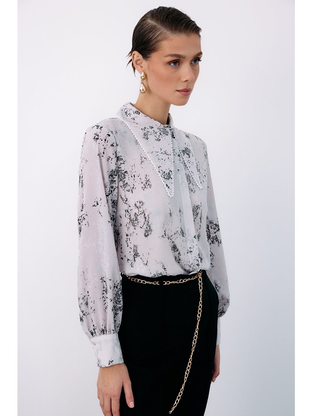 Geniş İnci Yakalı Gömlek - Gri-Gümüş-1