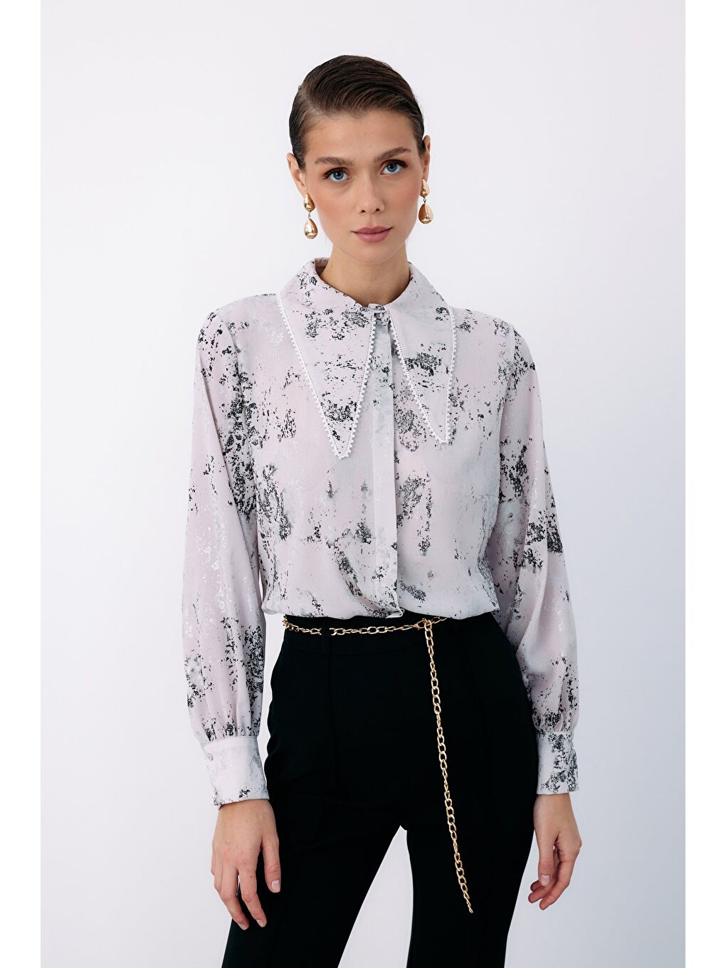 Geniş İnci Yakalı Gömlek - Gri-Gümüş-2