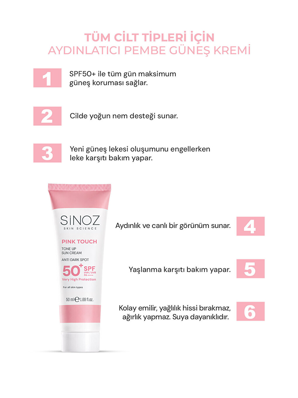 Pink Touch Spf50+ Cilt Aydınlatıcı Pembe Yüz Güneş Kremi 50ml-tüm Ciltler Için-PA++++-1