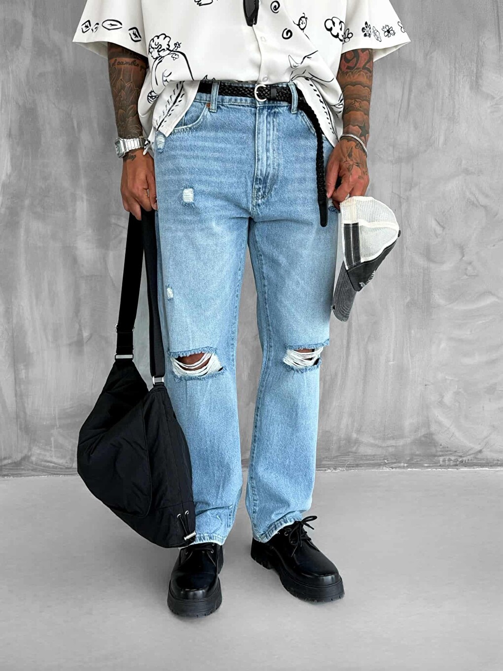 Erkek Yırtık Detaylı Baggy Fit Jean Açık Mavi-1