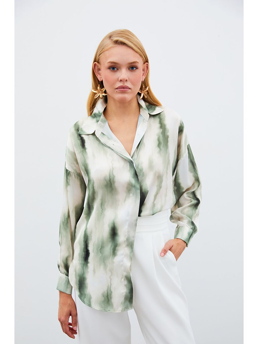 Geniş Desenli Gömlek - Haki-1