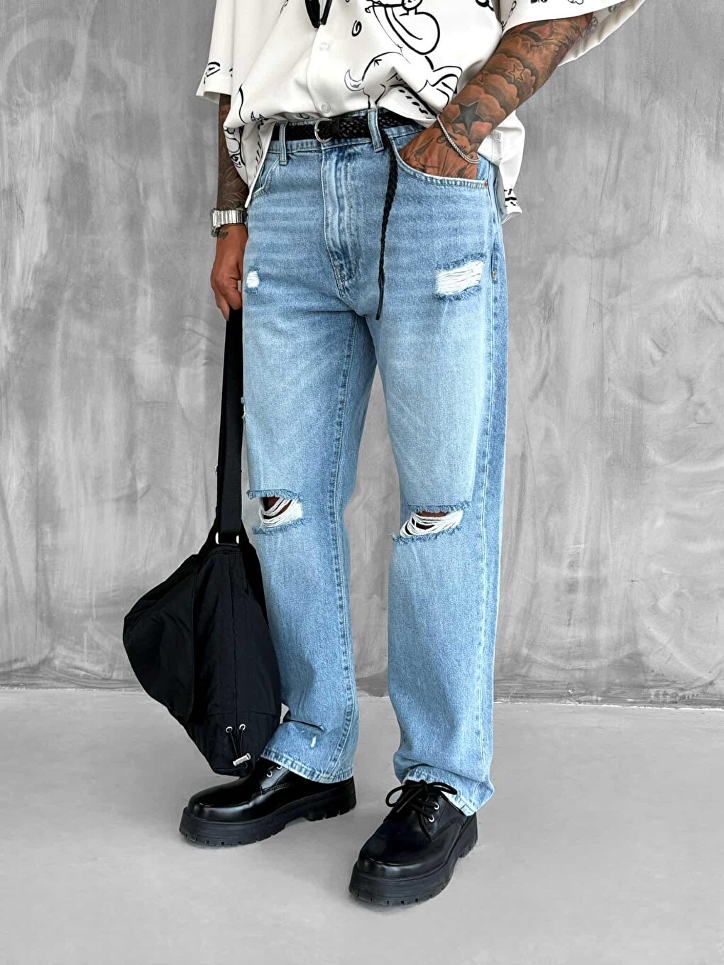 Erkek Yırtık Detaylı Baggy Fit Jean Açık Mavi-3