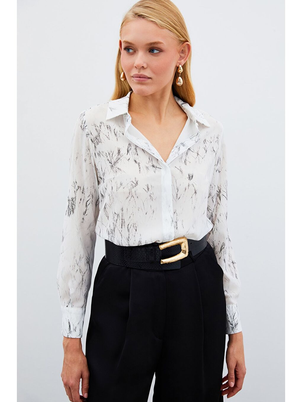 Parlak Desenli Gömlek - Ekru-Gümüş