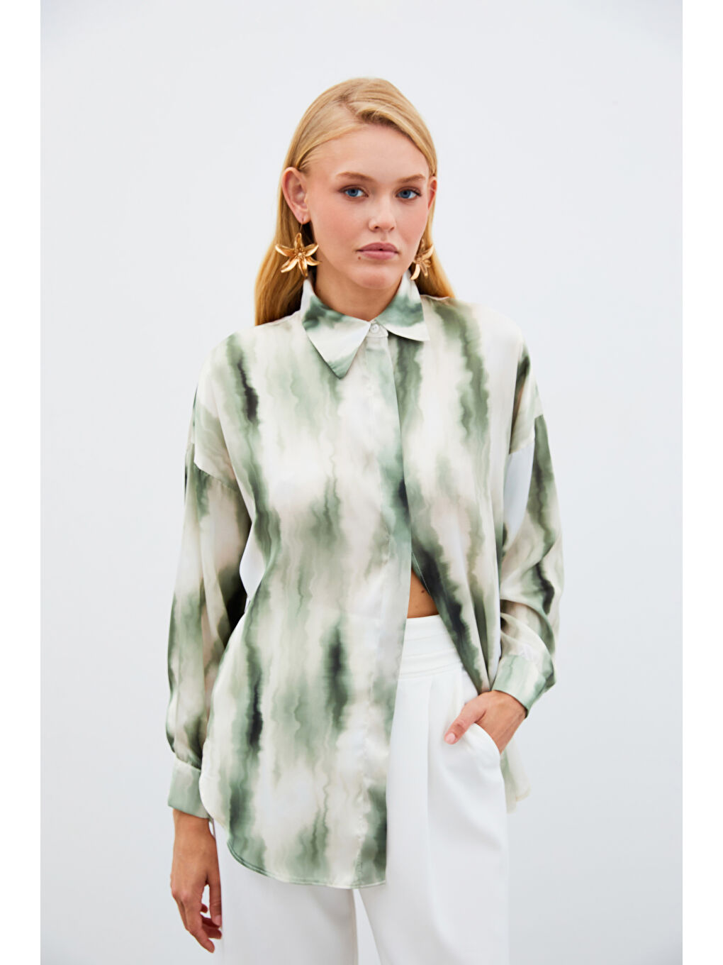 Geniş Desenli Gömlek - Haki-4