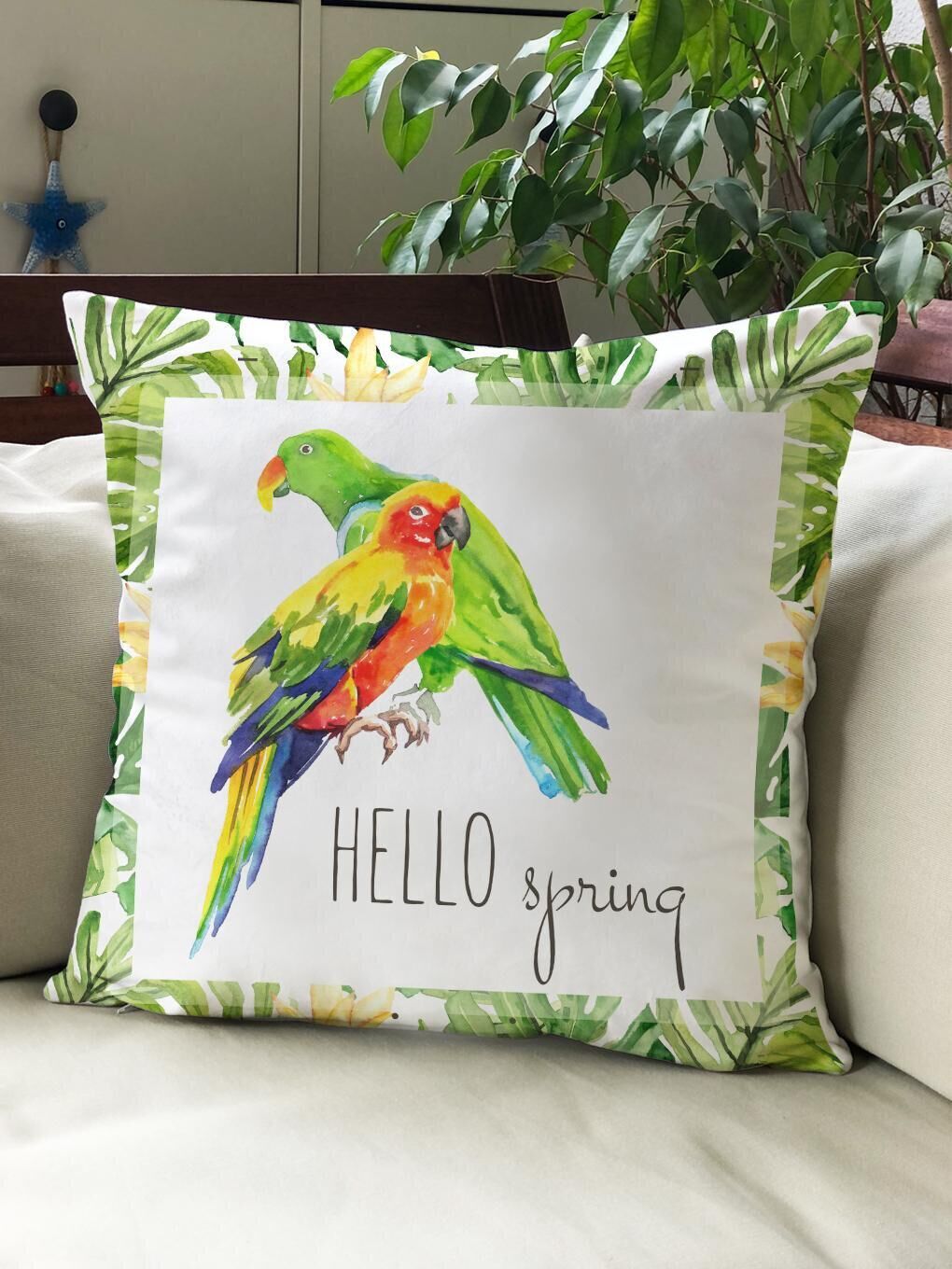 Yeşil Kadife Doku Çift Taraf Baskılı Hello Spring Papağan Desen 43x43 cm Tekli Kırlent Kılıfı