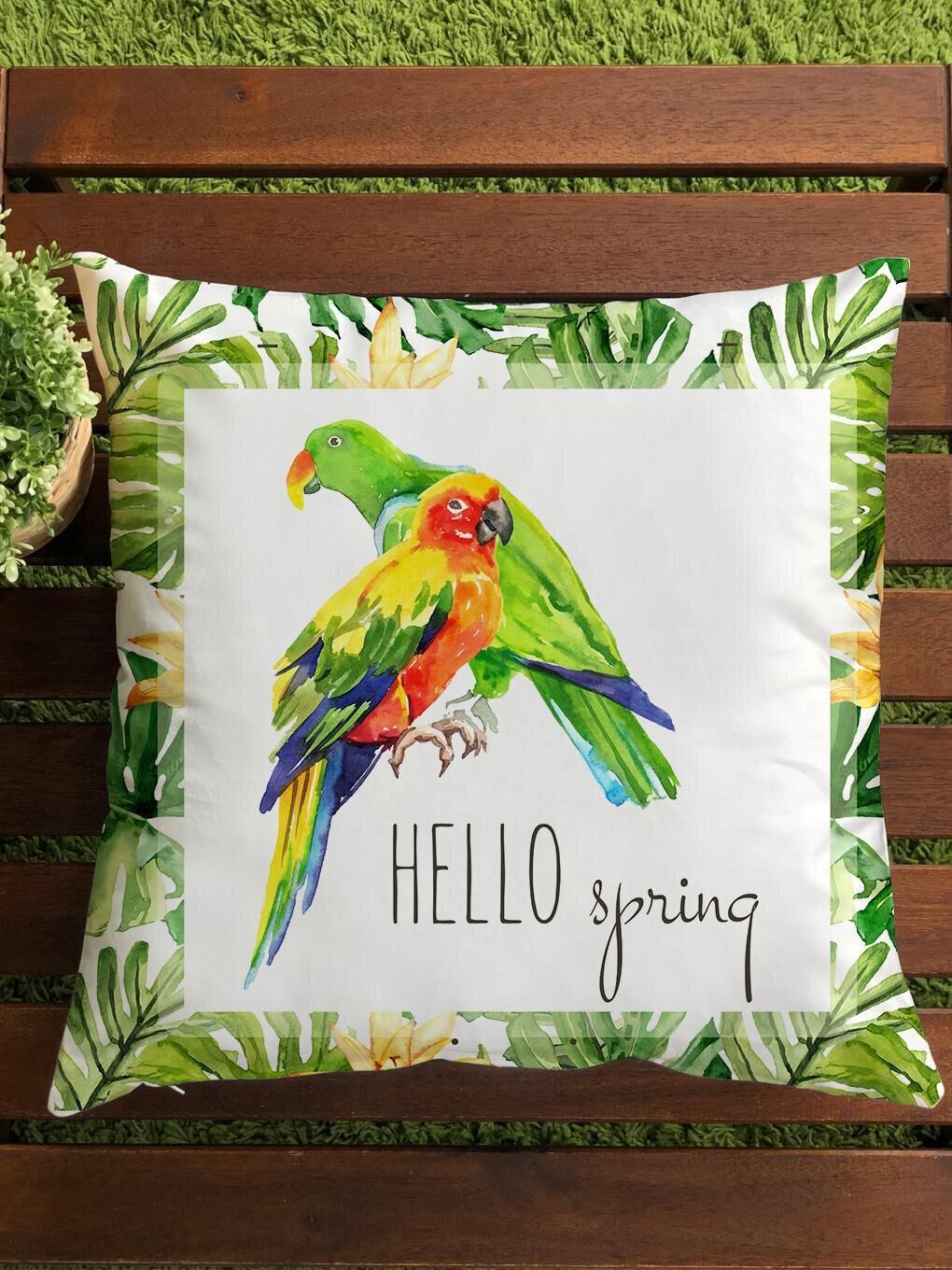 Yeşil Kadife Doku Çift Taraf Baskılı Hello Spring Papağan Desen 43x43 cm Tekli Kırlent Kılıfı-1