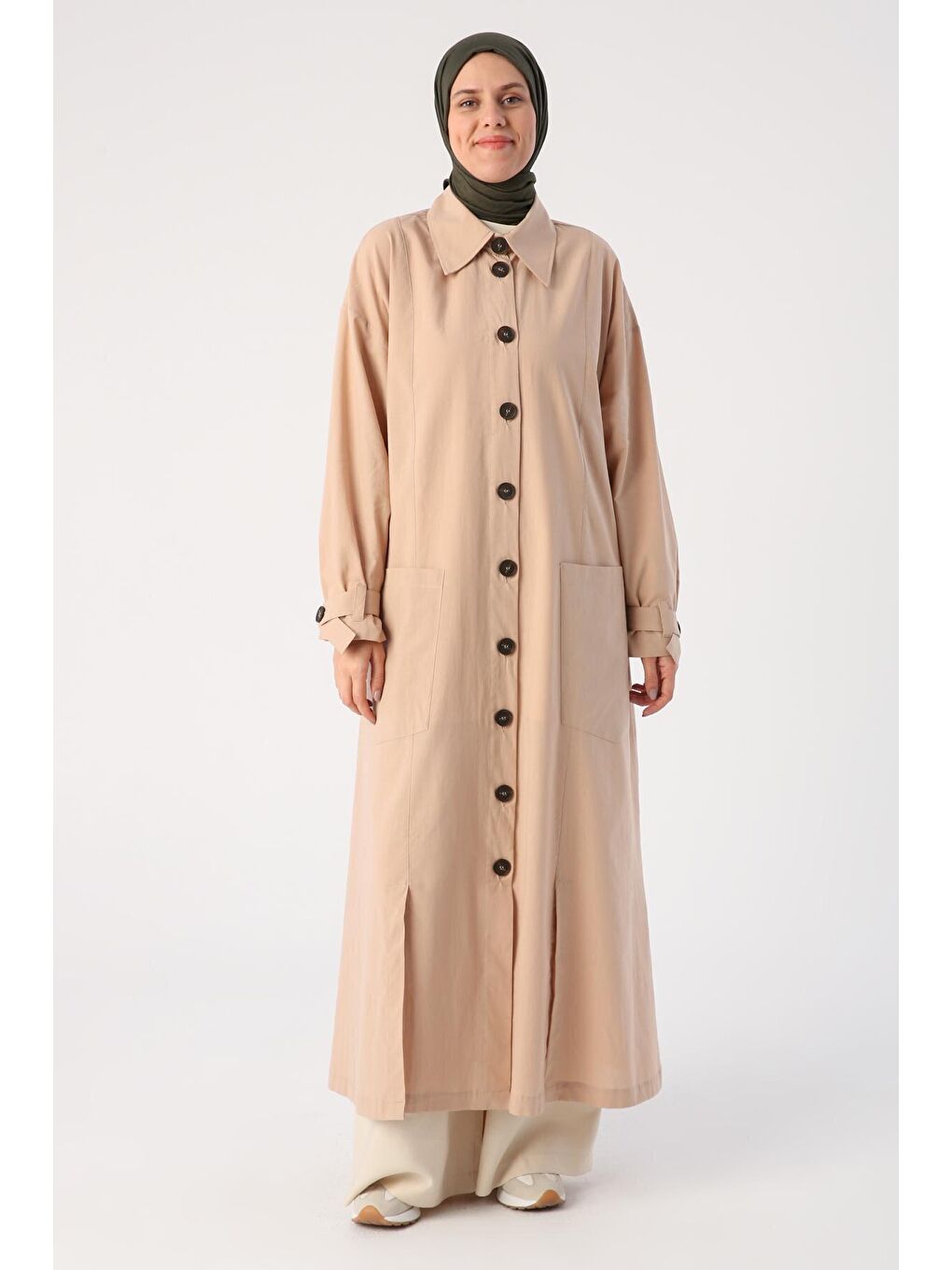 Bej %100 Pamuk Çift Yırtmaçlı Gömlek Yaka Ferace-1