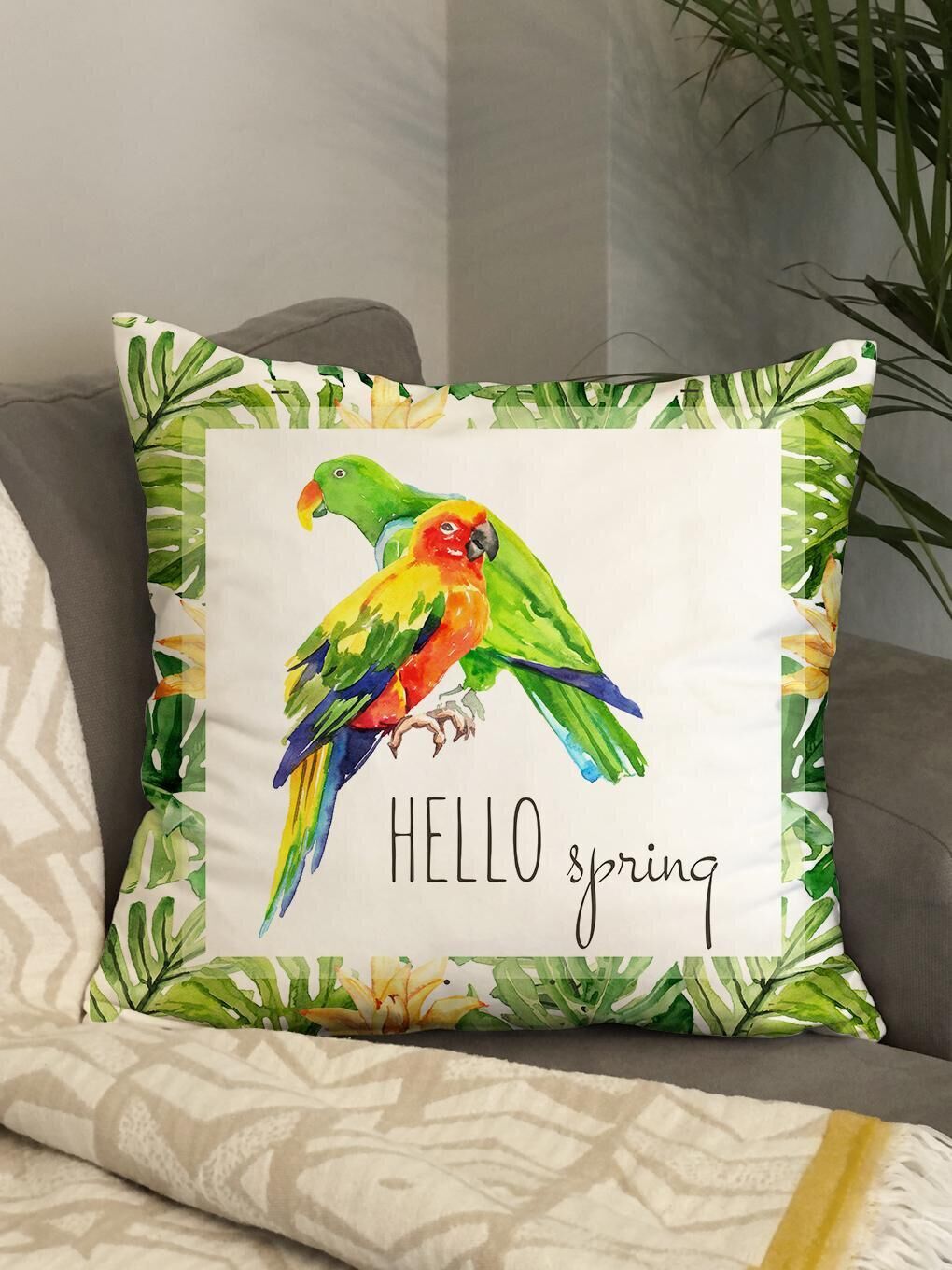 Yeşil Kadife Doku Çift Taraf Baskılı Hello Spring Papağan Desen 43x43 cm Tekli Kırlent Kılıfı-2