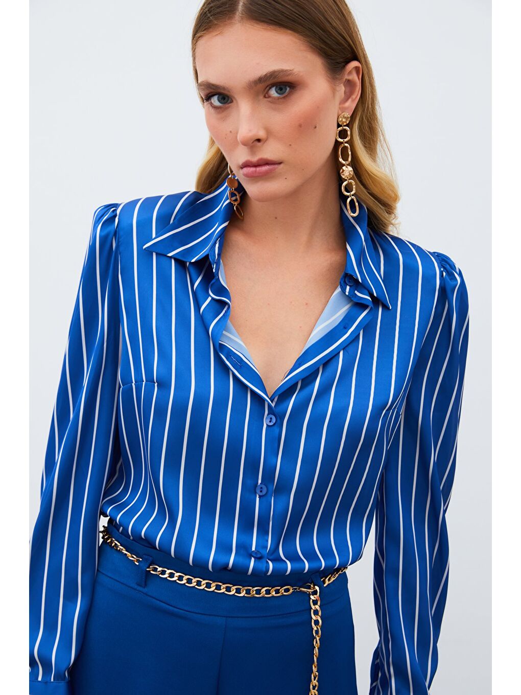 Vatkalı Çizgili Gömlek - Sax Mavi-1