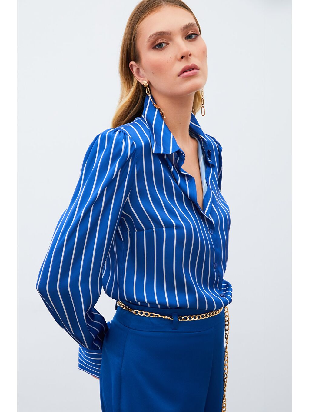 Vatkalı Çizgili Gömlek - Sax Mavi-2