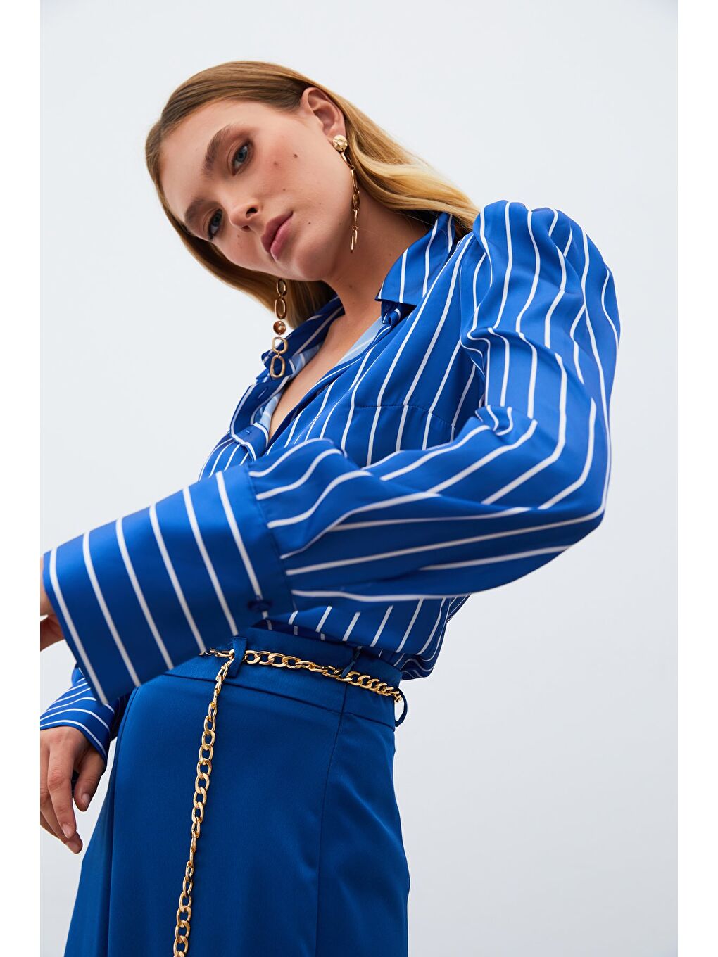 Vatkalı Çizgili Gömlek - Sax Mavi-3