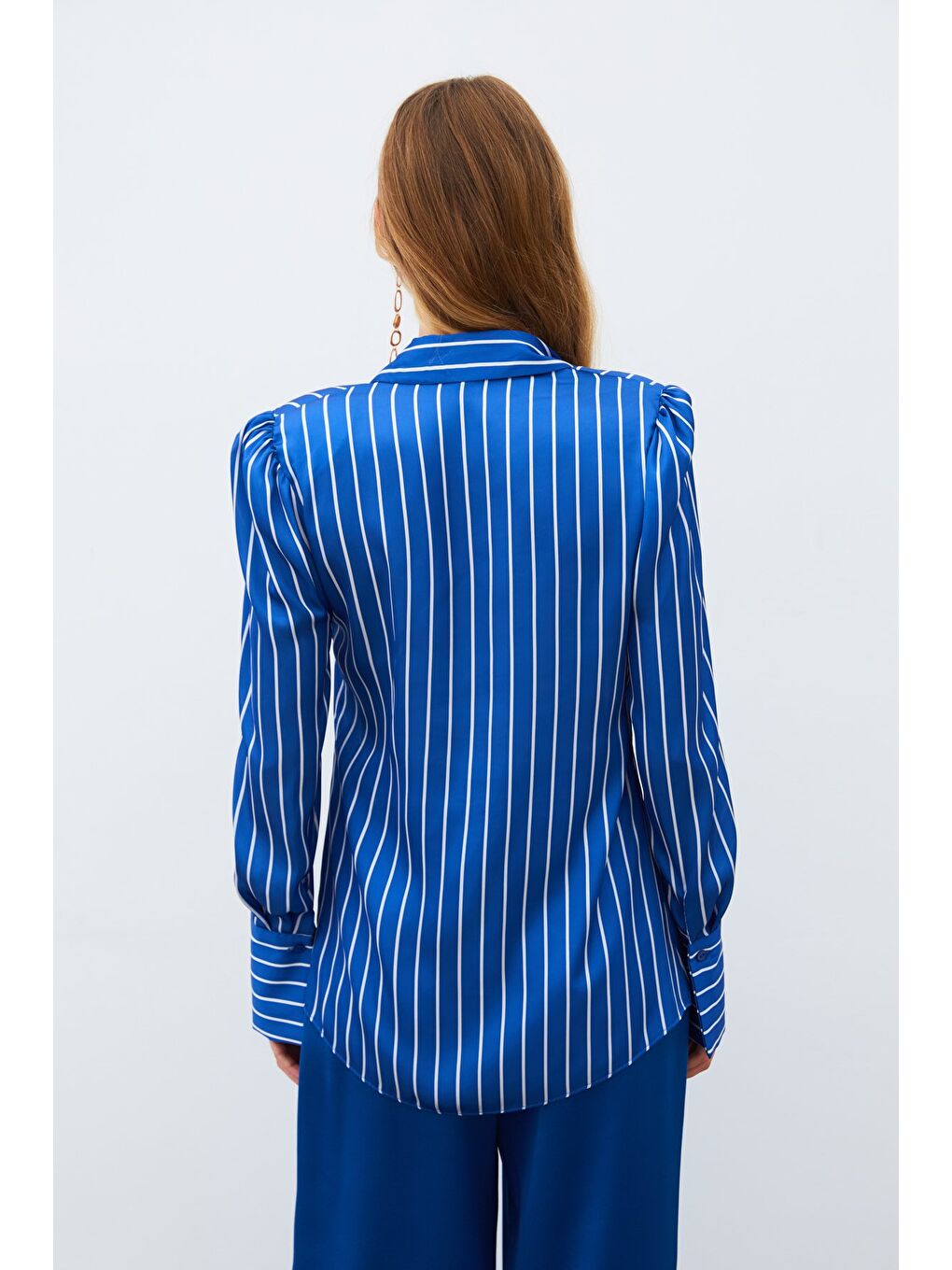 Vatkalı Çizgili Gömlek - Sax Mavi-4
