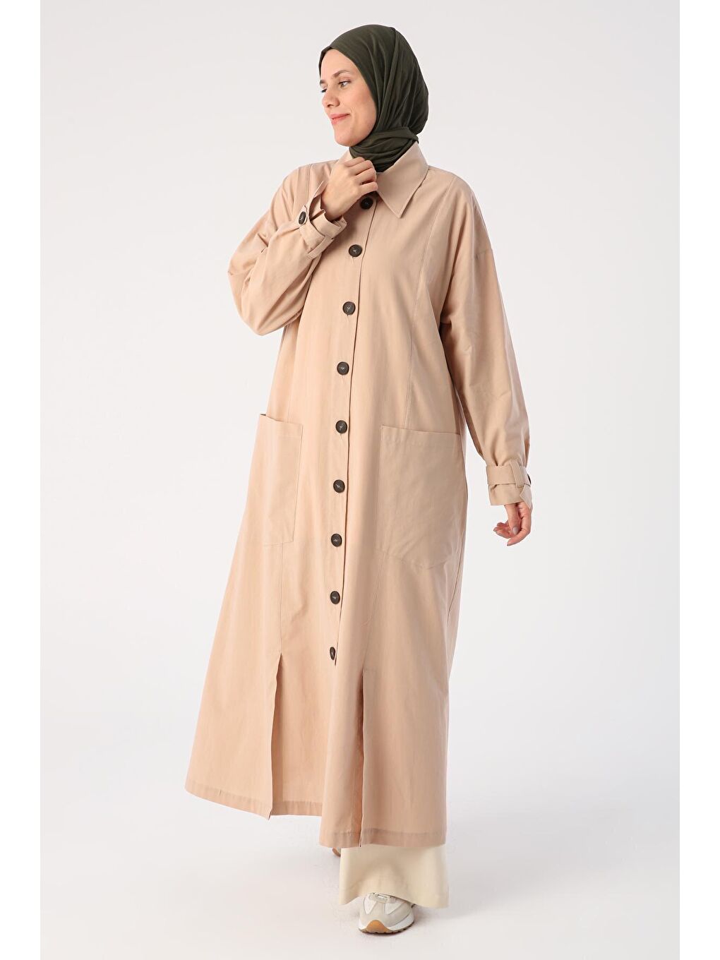 Bej %100 Pamuk Çift Yırtmaçlı Gömlek Yaka Ferace-2
