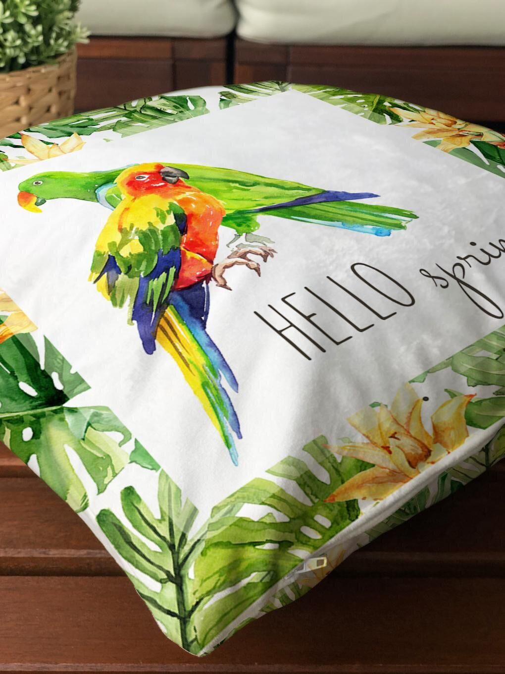 Yeşil Kadife Doku Çift Taraf Baskılı Hello Spring Papağan Desen 43x43 cm Tekli Kırlent Kılıfı-3