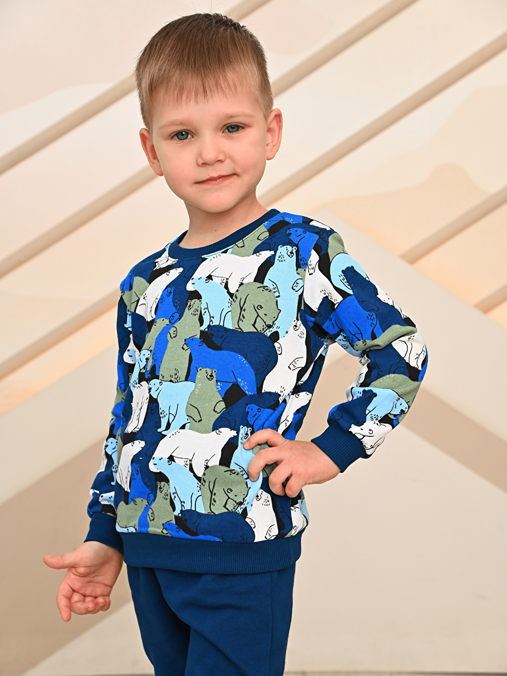 Lacivert Bisiklet Yaka Baskılı Erkek Bebek Sweatshirt ve Eşofman Alt 2'li