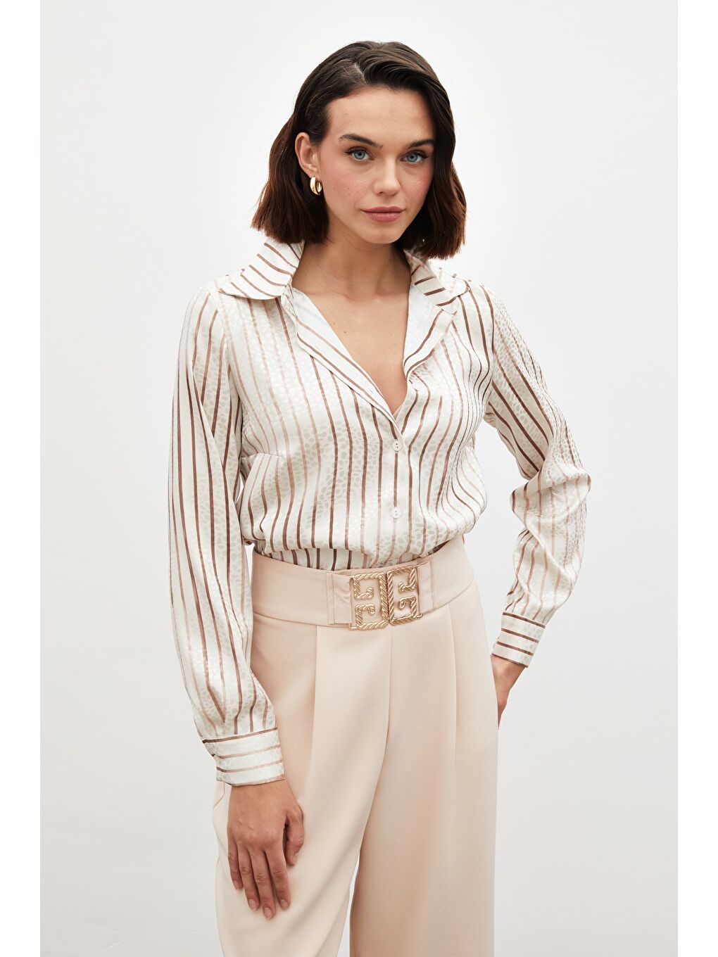 Kahverengi Çizgili Klasik Gömlek - Kahve