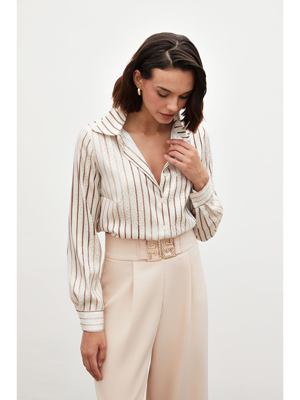 Kahverengi Çizgili Klasik Gömlek - Kahve-1