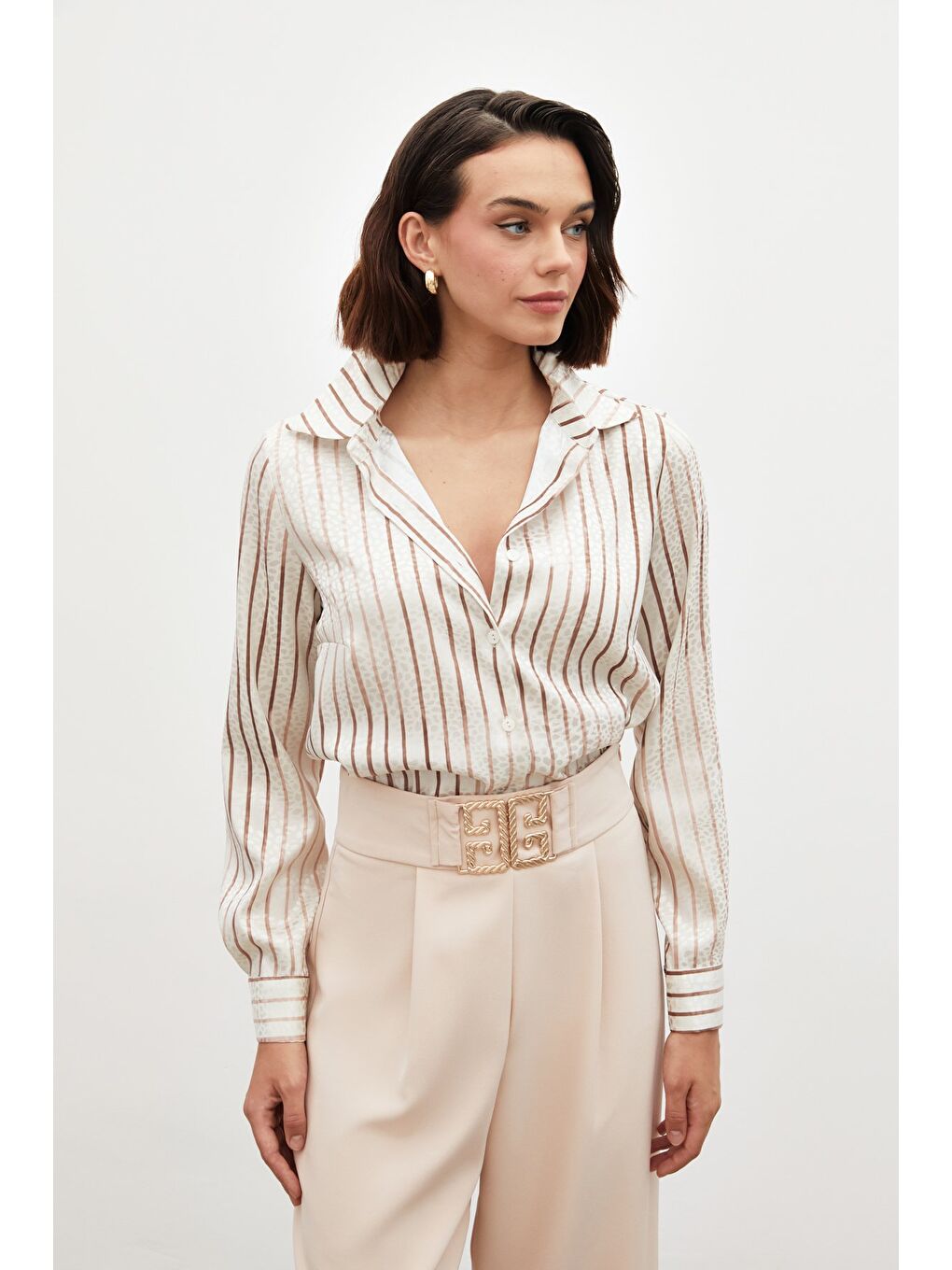 Kahverengi Çizgili Klasik Gömlek - Kahve-2