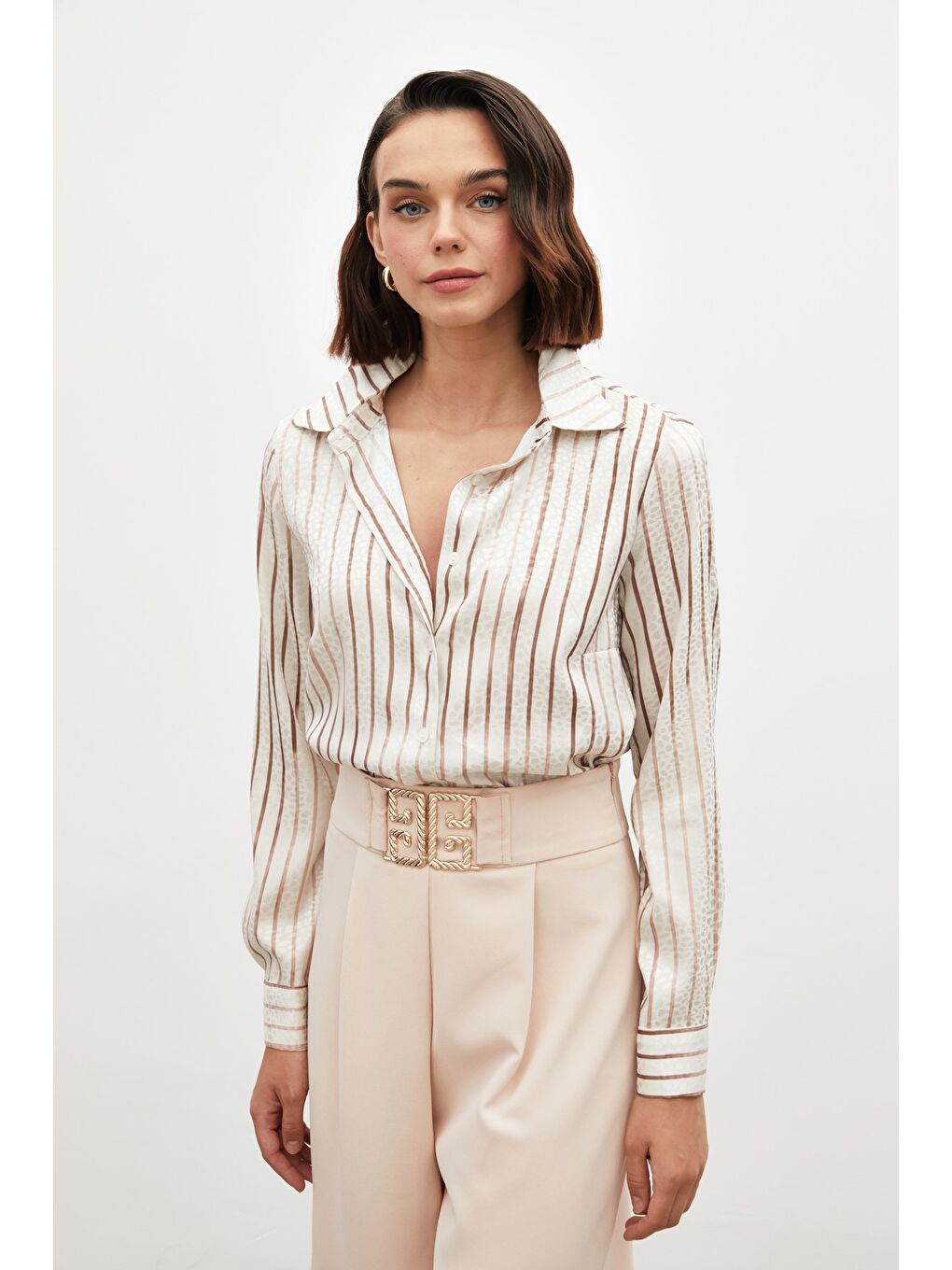 Kahverengi Çizgili Klasik Gömlek - Kahve-3