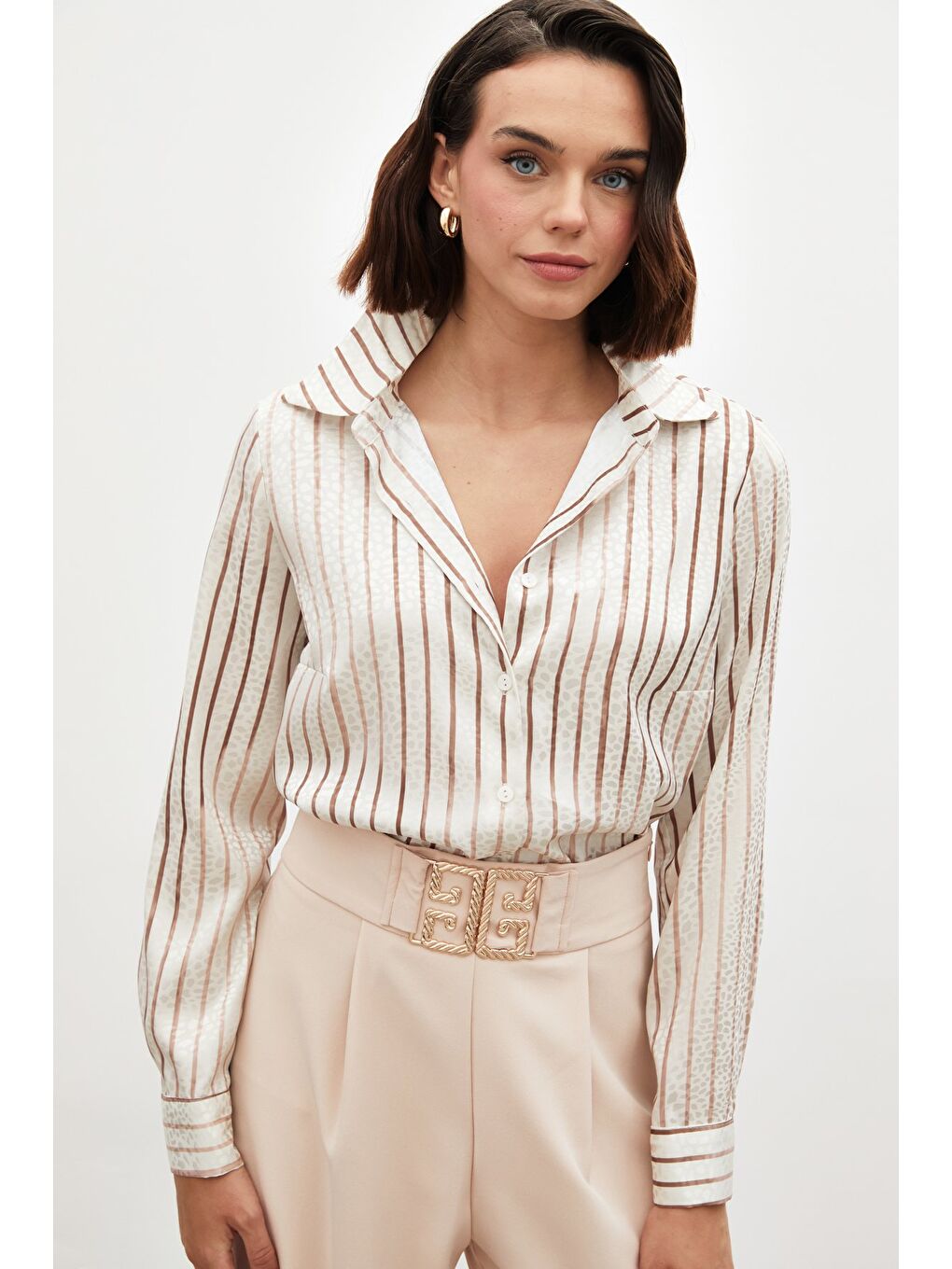 Kahverengi Çizgili Klasik Gömlek - Kahve-4