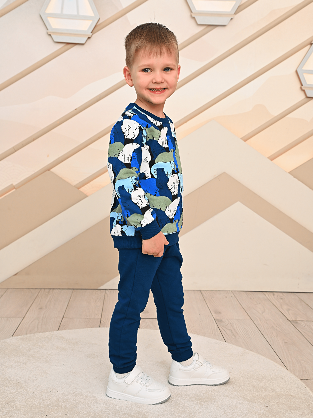 Lacivert Bisiklet Yaka Baskılı Erkek Bebek Sweatshirt ve Eşofman Alt 2'li-1