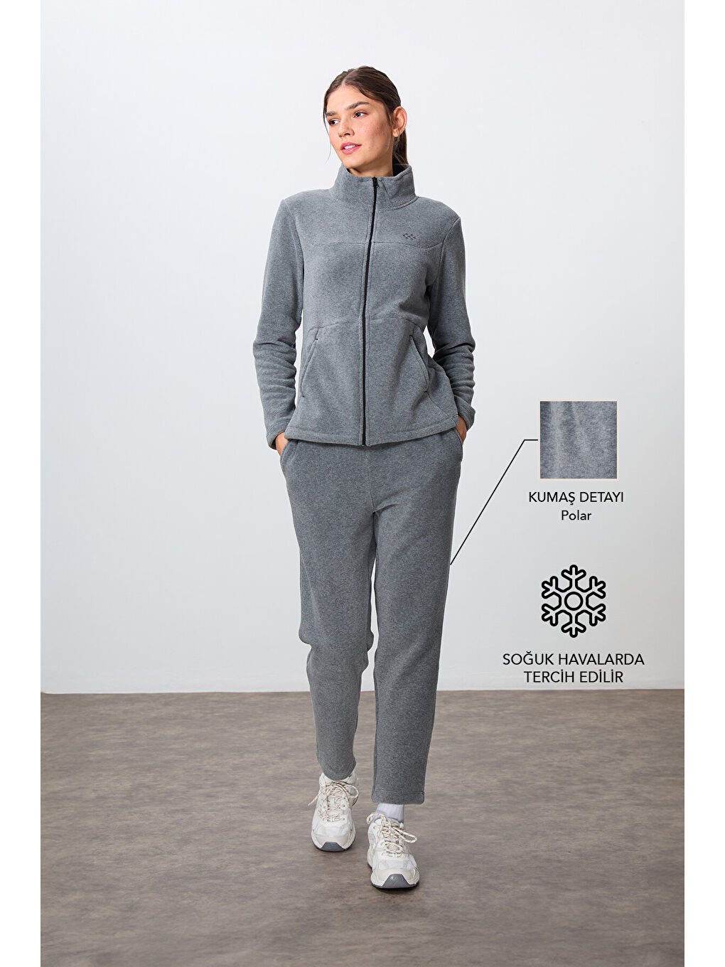 Gri Melanj Kalın Yumuşak Dokulu Dik Yaka Oversize Nakışlı Polar Kadın Eşofman Takım -95339