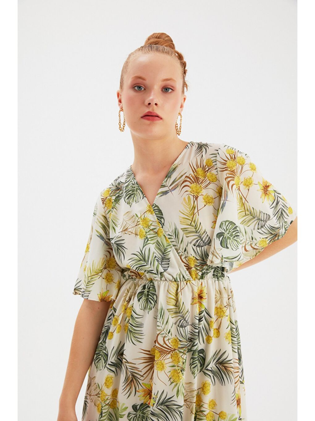 Çiçek Desenli Uzun Elbise - Sarı-2