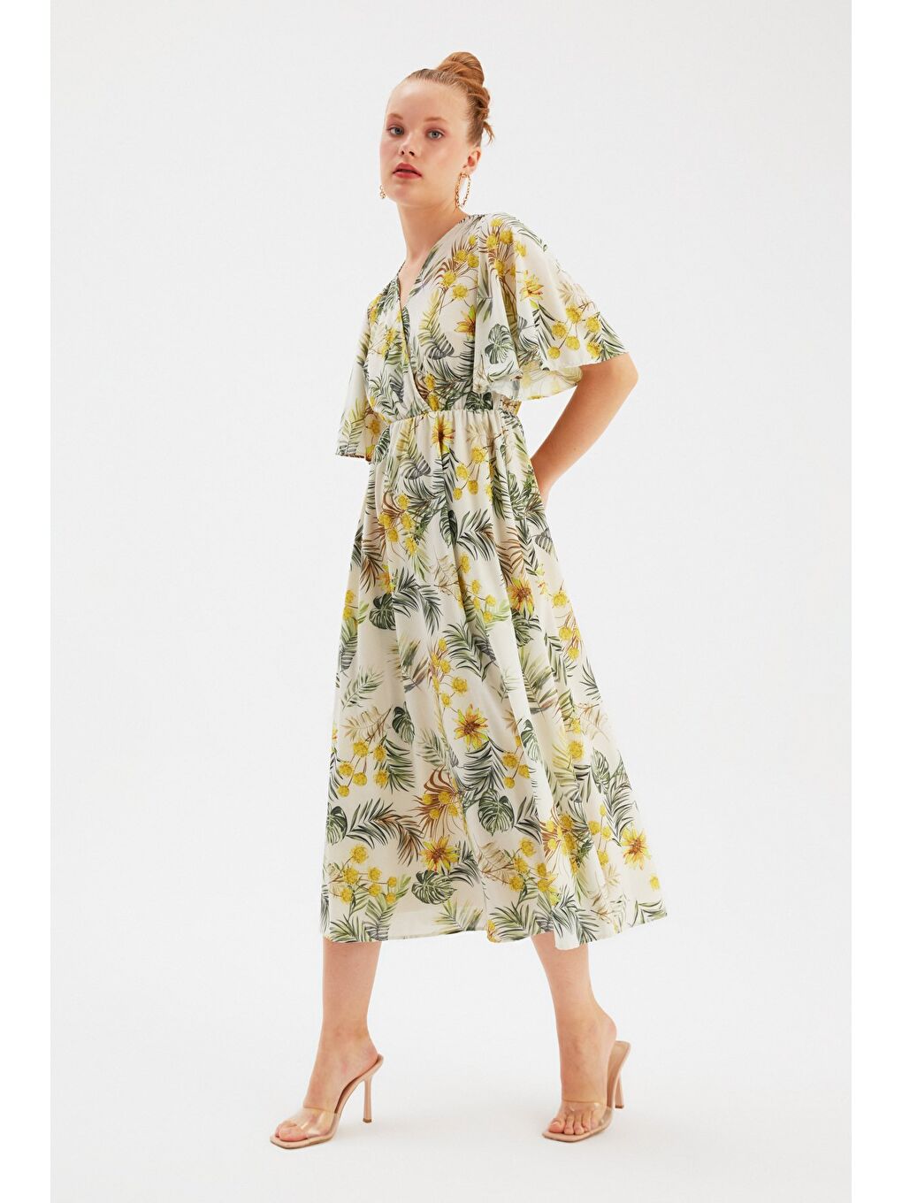 Çiçek Desenli Uzun Elbise - Sarı-3