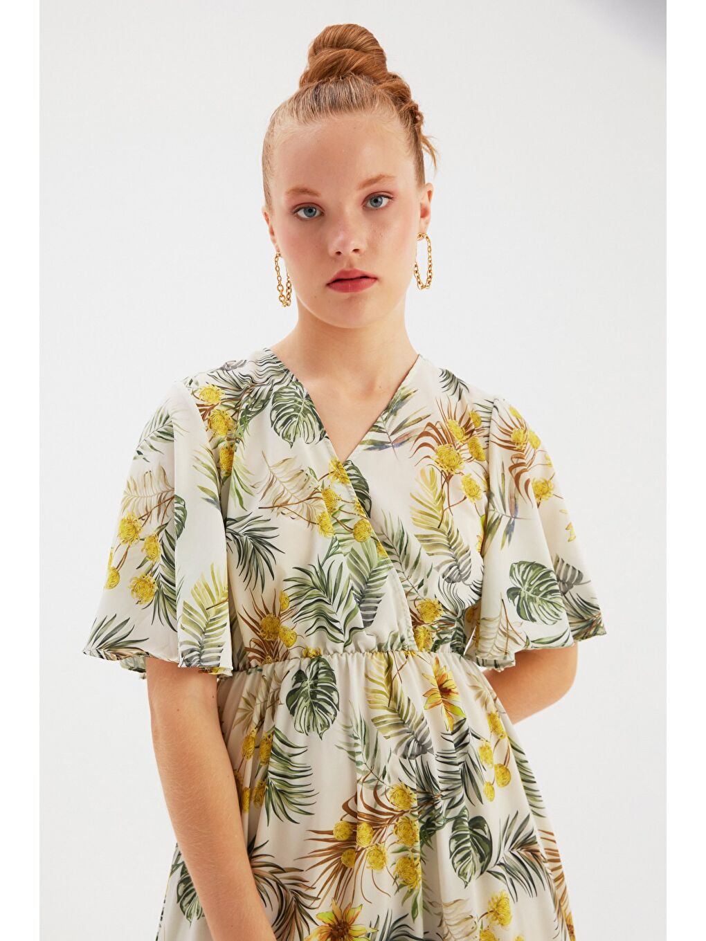 Çiçek Desenli Uzun Elbise - Sarı-4