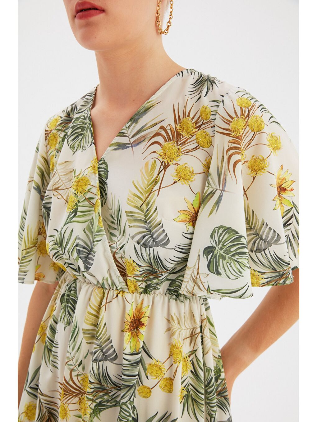 Çiçek Desenli Uzun Elbise - Sarı-5