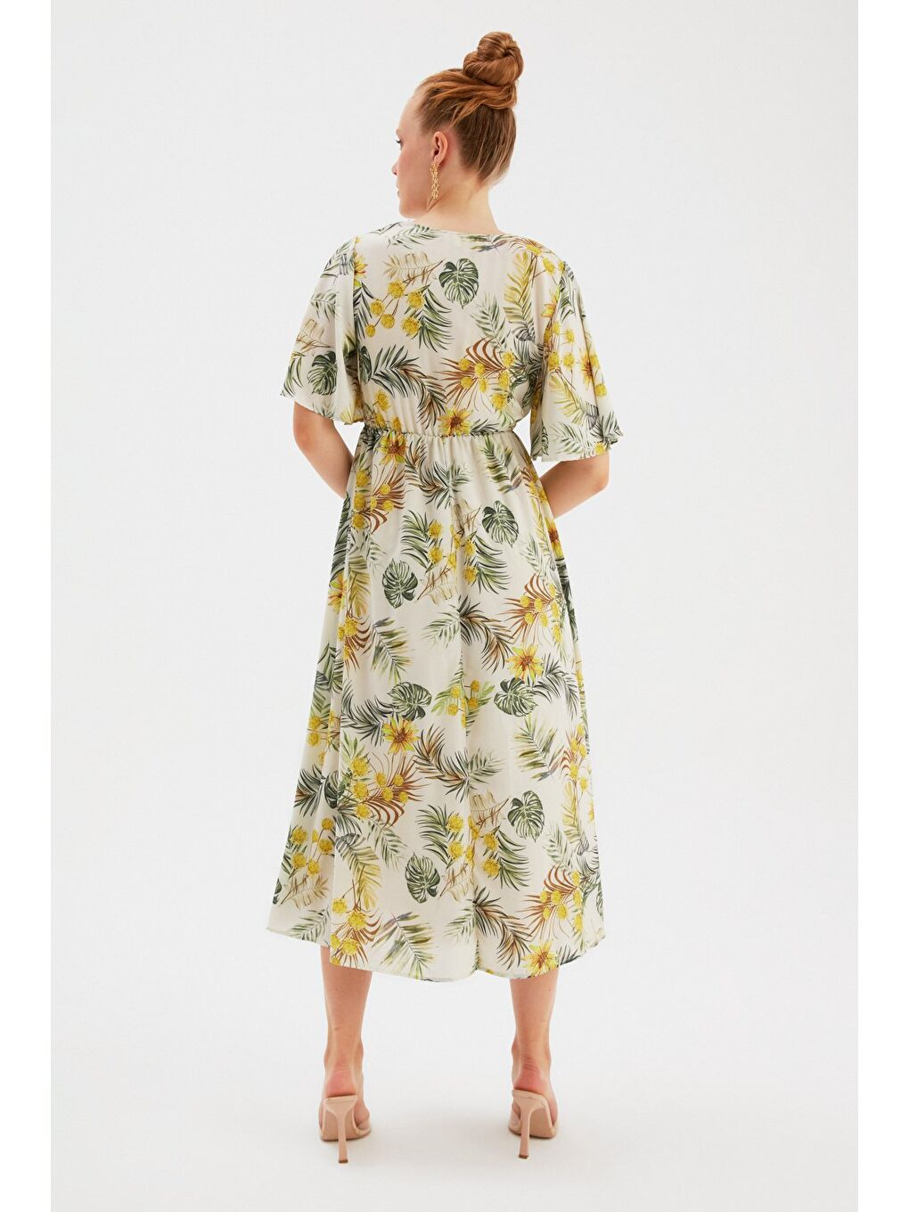 Çiçek Desenli Uzun Elbise - Sarı-6