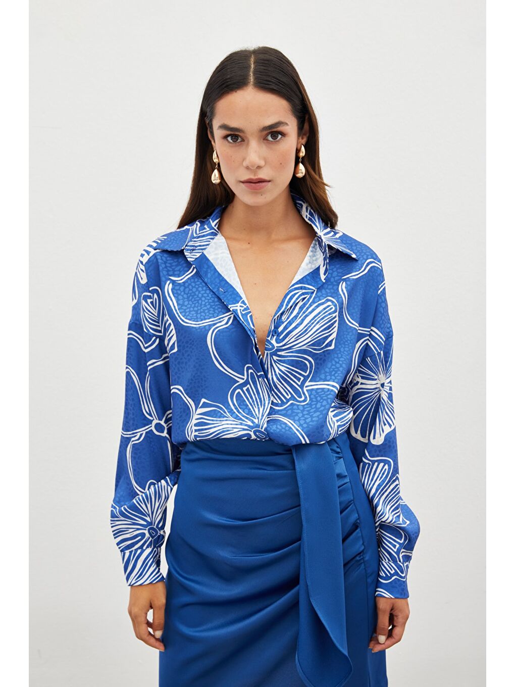 Desenli Uzun Gömlek - Sax Mavi-1