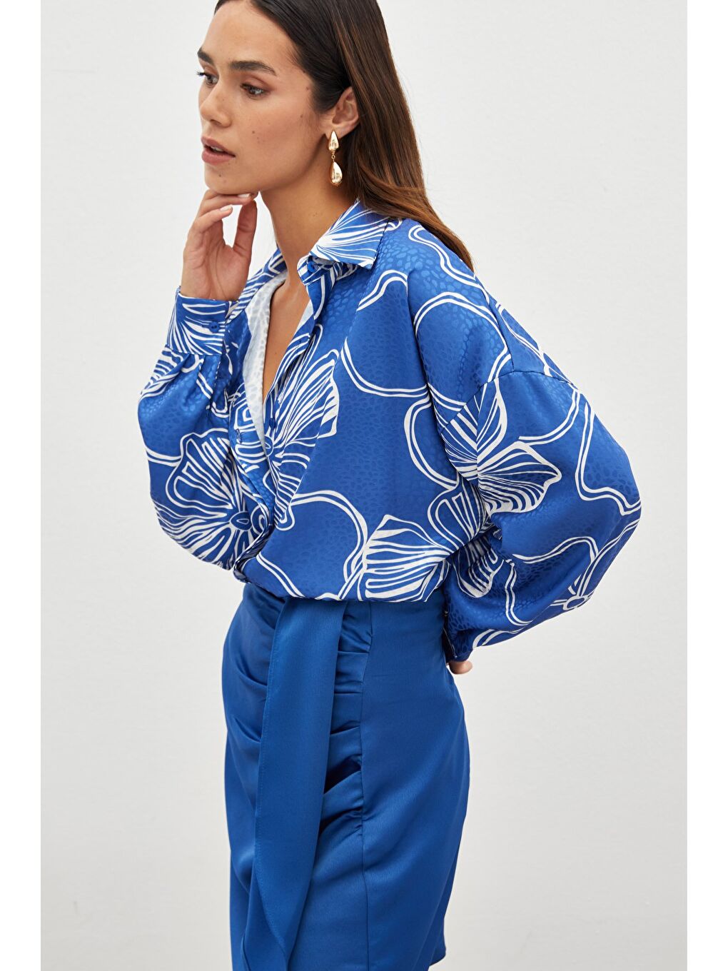 Desenli Uzun Gömlek - Sax Mavi-2