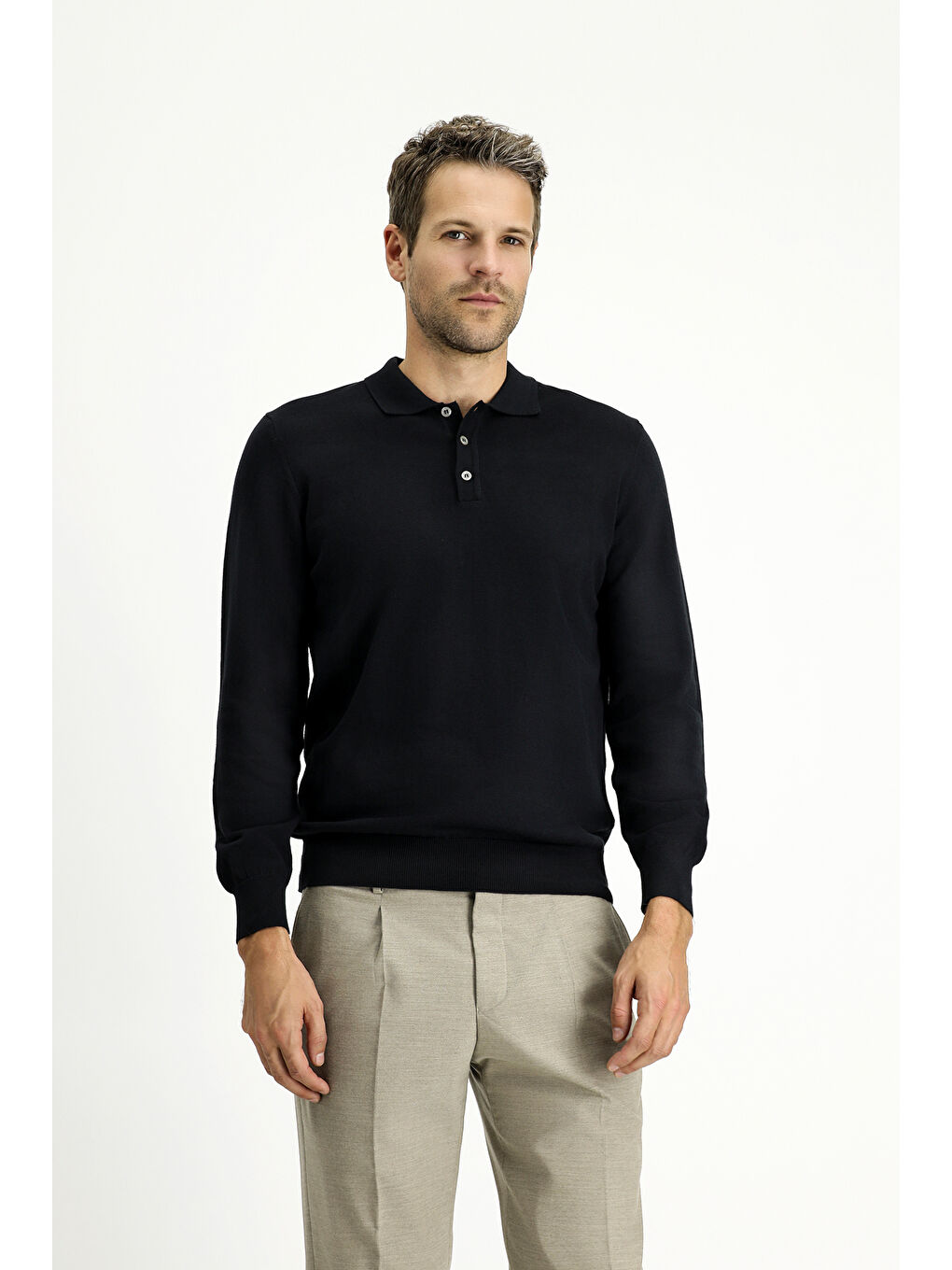 Siyah Polo Yaka Regular Fit Pamuklu Kaşmirli Triko Kazak-2