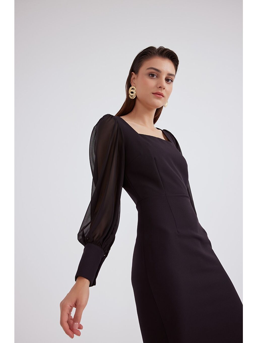 Şifon Kol Krep Elbise - Siyah-2