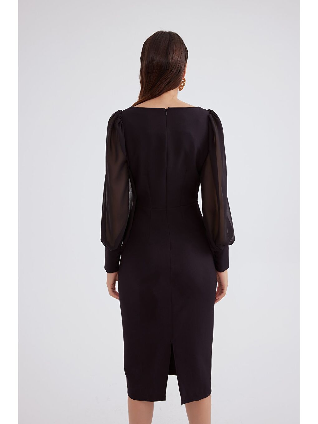Şifon Kol Krep Elbise - Siyah-3
