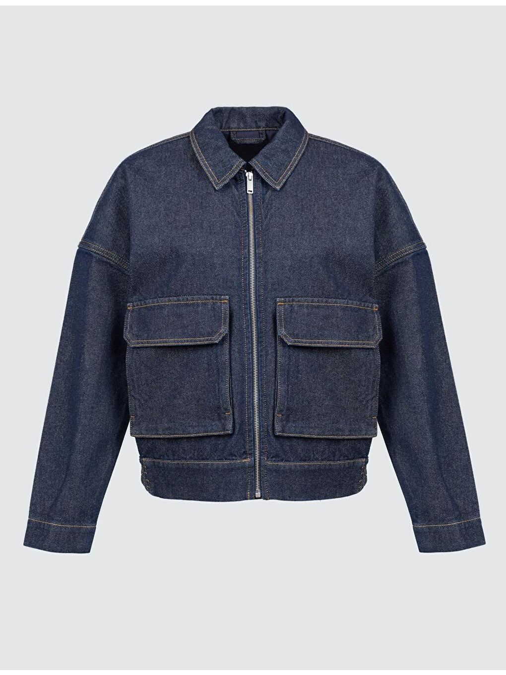 Koyu İndigo Mavi Polo Yaka Uzun Kollu Jean Ceket-5