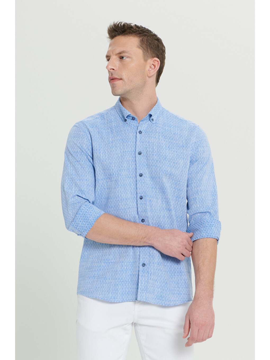 Erkek Mavi Slim Fit Dar Kesim %100 Pamuk Armürlü Düğmeli Yaka Casual Gömlek