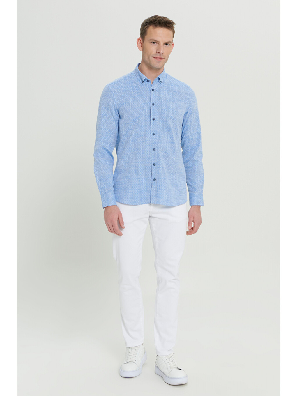 Erkek Mavi Slim Fit Dar Kesim %100 Pamuk Armürlü Düğmeli Yaka Casual Gömlek-1