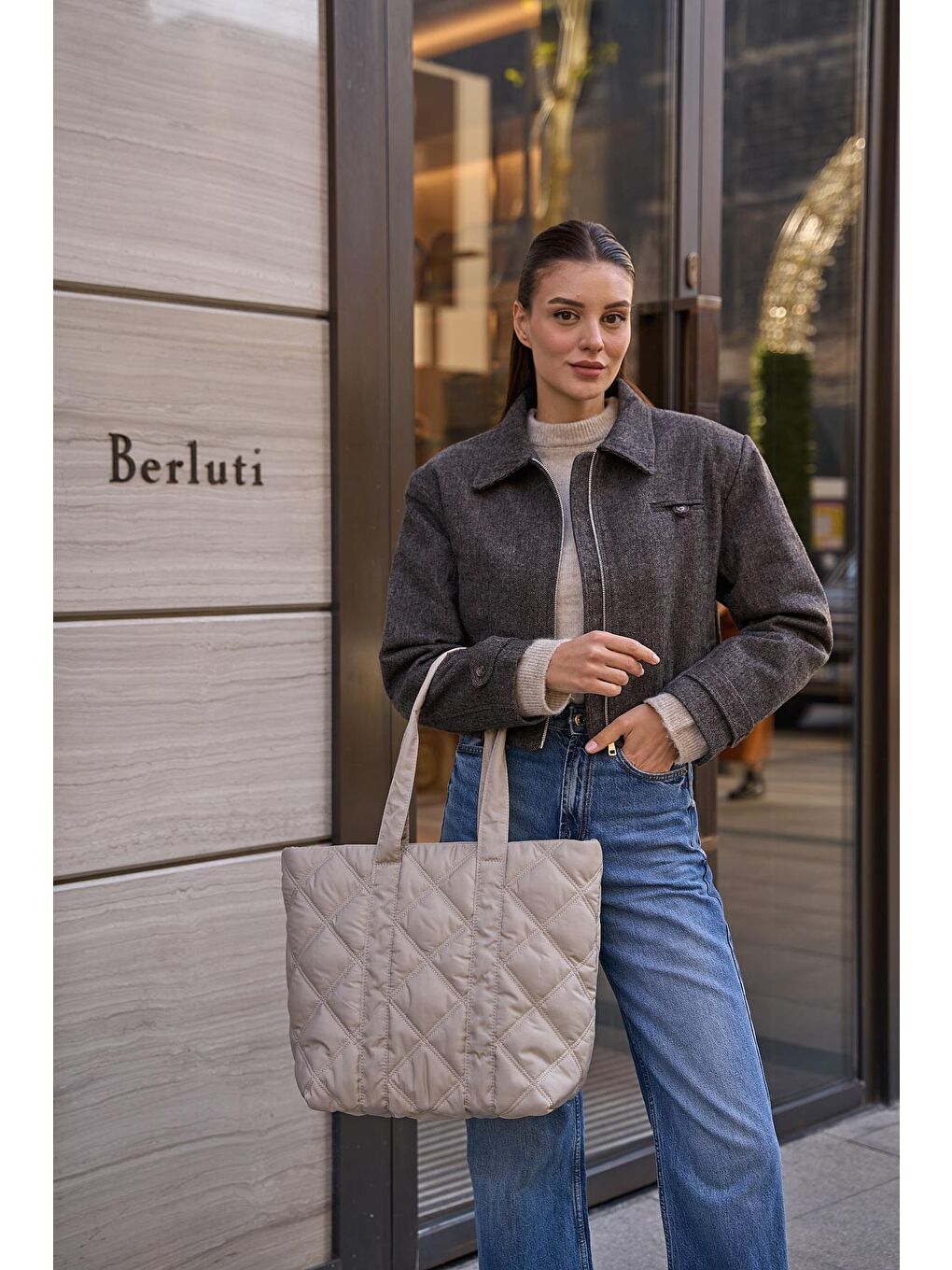 Bej Taken Kapitone Desen Puf Kadın Çanta - Vizon-2