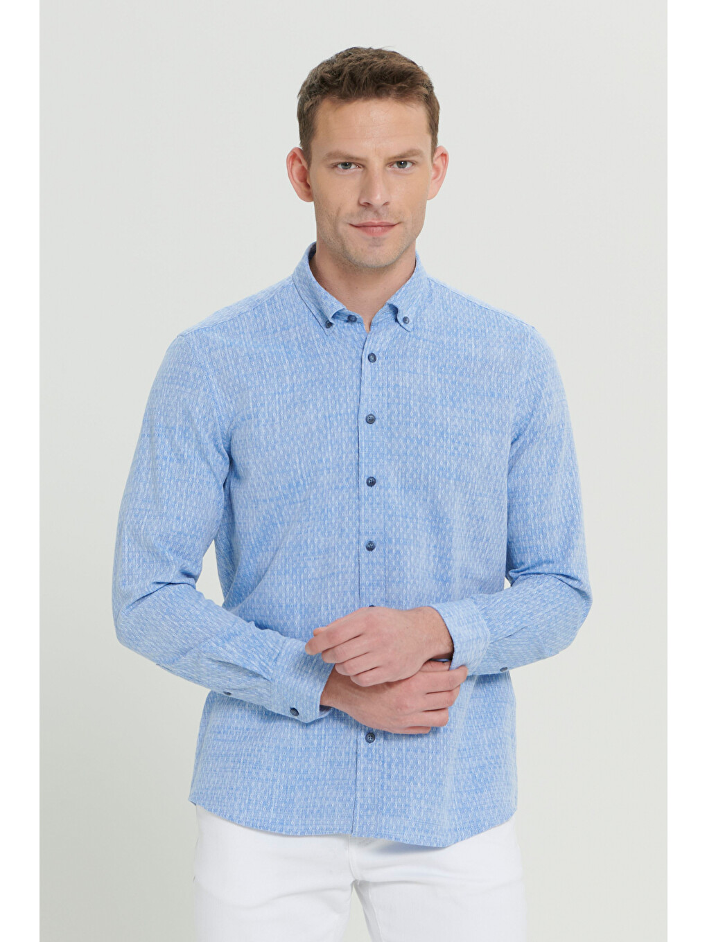 Erkek Mavi Slim Fit Dar Kesim %100 Pamuk Armürlü Düğmeli Yaka Casual Gömlek-2