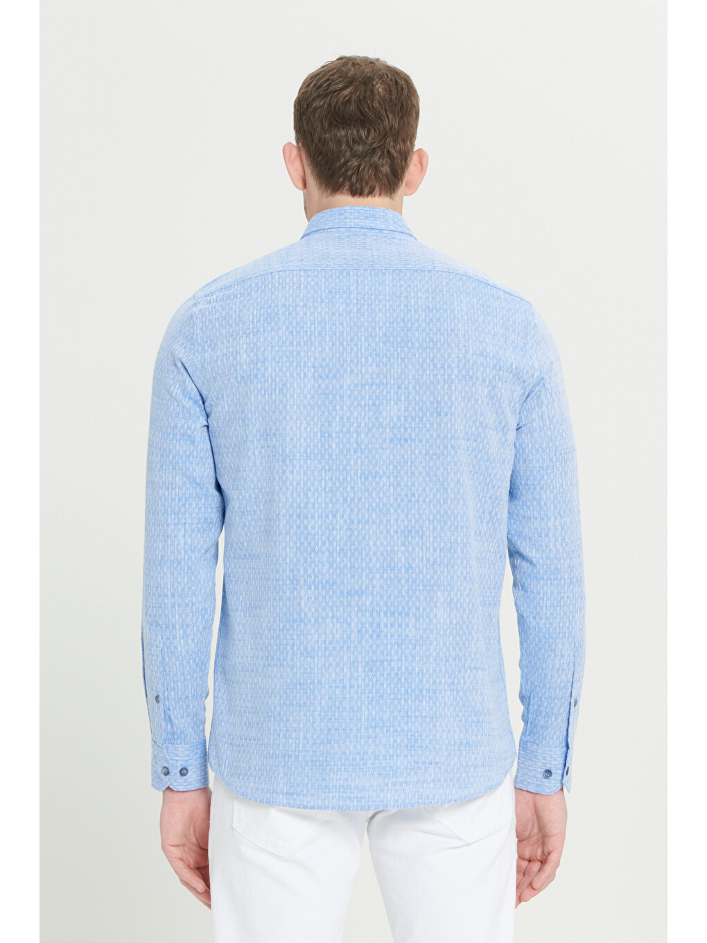 Erkek Mavi Slim Fit Dar Kesim %100 Pamuk Armürlü Düğmeli Yaka Casual Gömlek-4