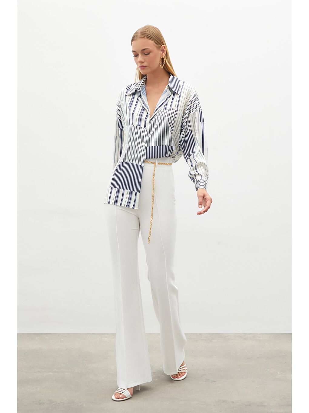 Çizgili Düz Gömlek - Sax Mavi-1